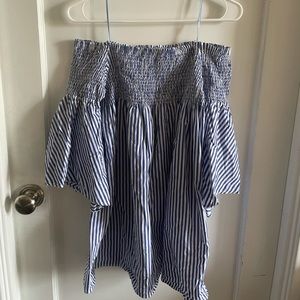 Zara Woman Off Shoulder Blue White Stripe Dress